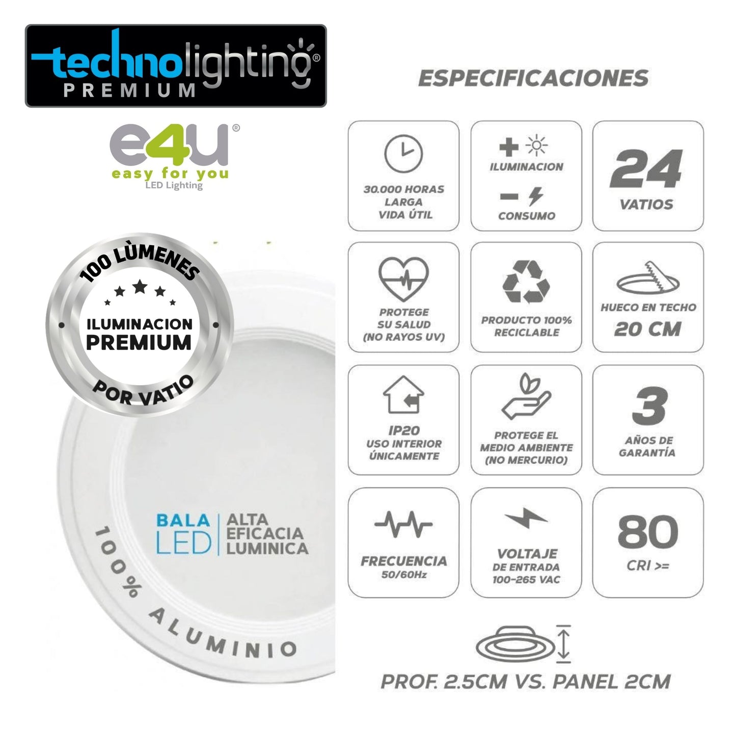 Bala LED Fija  24 Vatios - 2600 Lúmenes