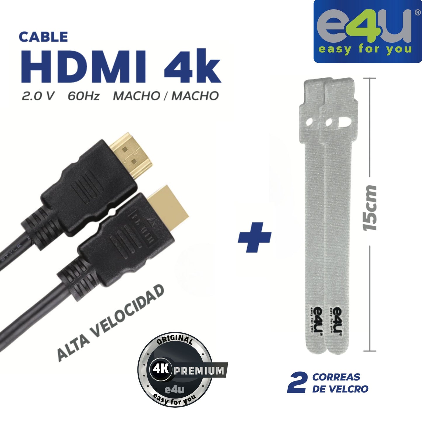 Cable HDMI 4K con Alta Velocidad de transferencia de datos + 2 Correas de Velcro de 3 Metros