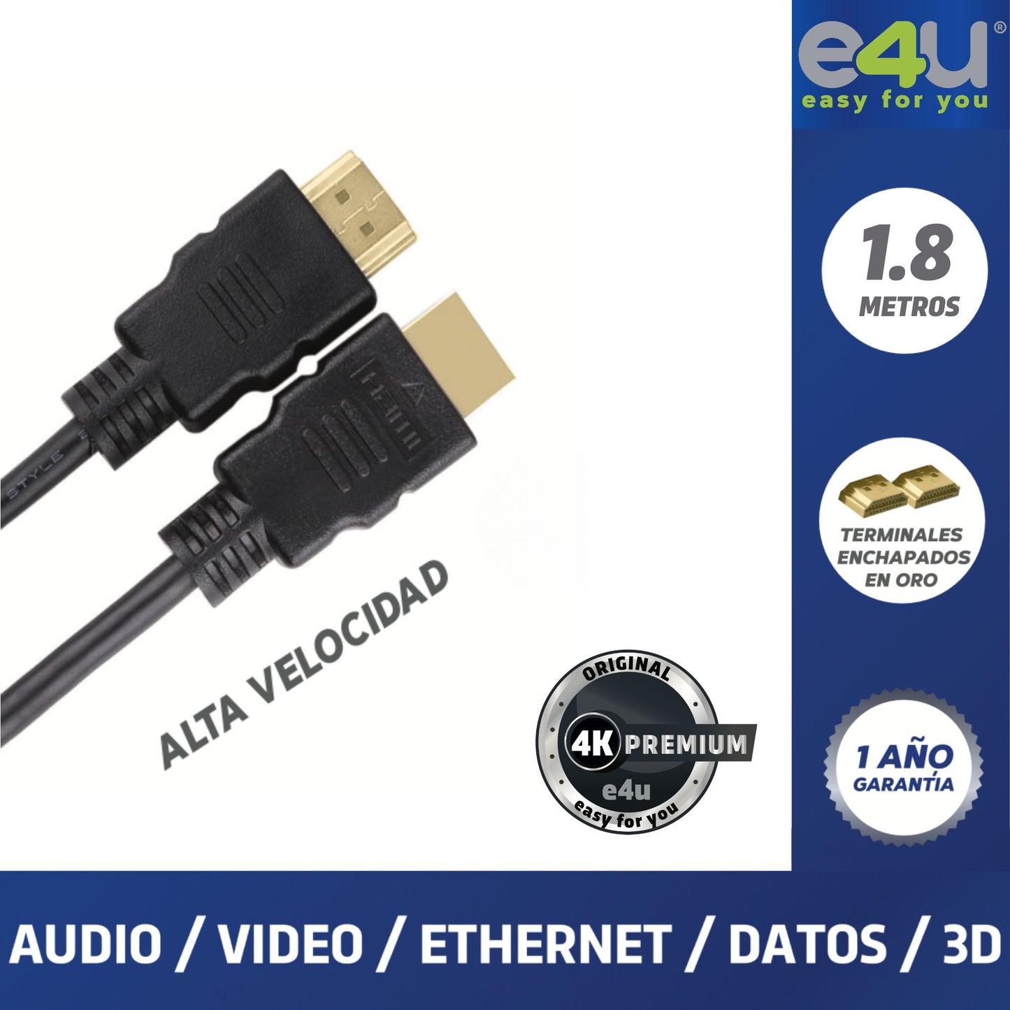 Cable HDMI 4K con Alta Velocidad de transferencia de datos + 2 Correas de Velcro de 1.8 Metros
