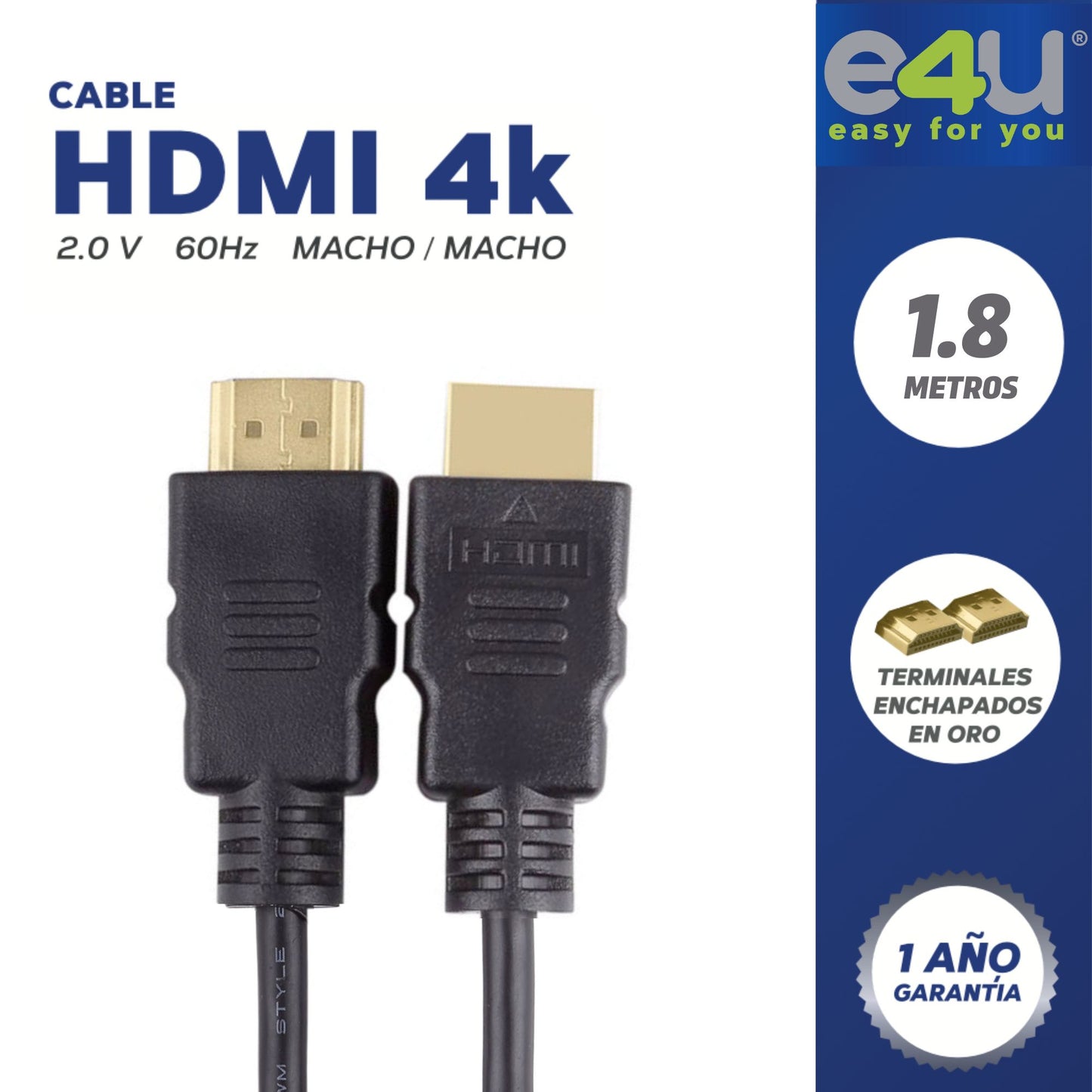 Cable HDMI 4K con Alta Velocidad de transferencia de datos + 2 Correas de Velcro de 1.8 Metros