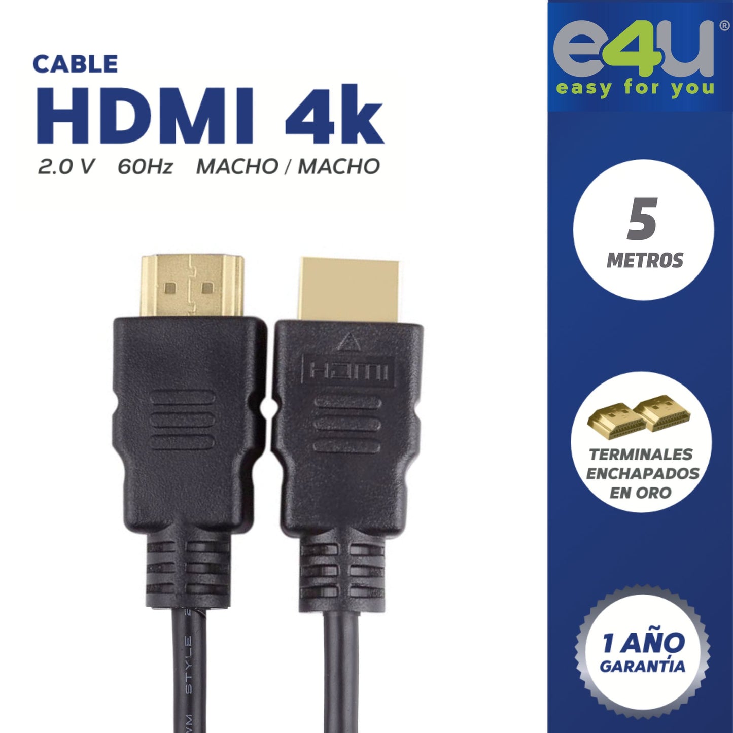 Cable HDMI 4K con  Alta Velocidad de transferencia de datos  +  2 Correas de Velcro de 5 Metros