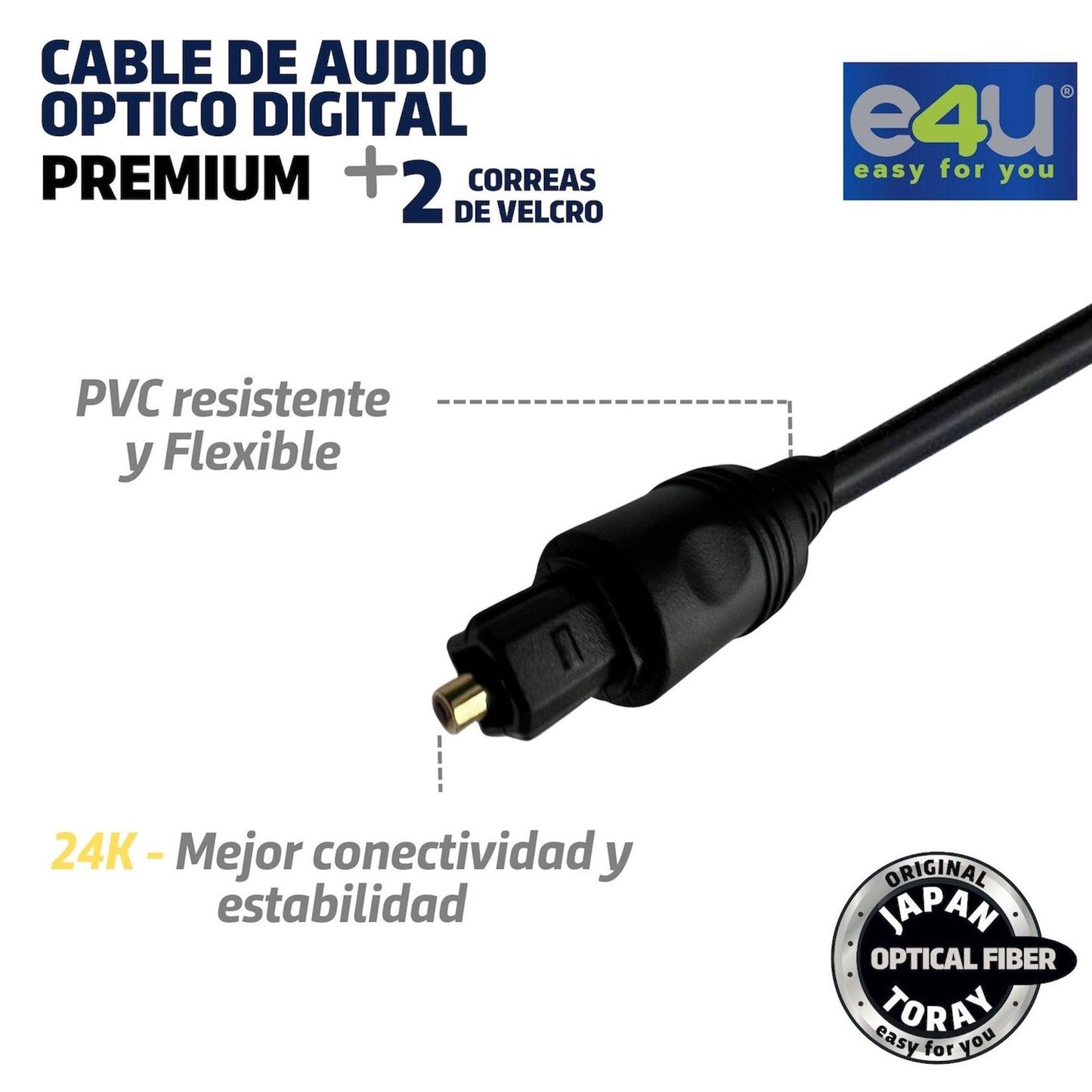 Cable de Audio Optico Digital PREMIUM de 1.8 y 5 metros + 2 Correas de Velcro