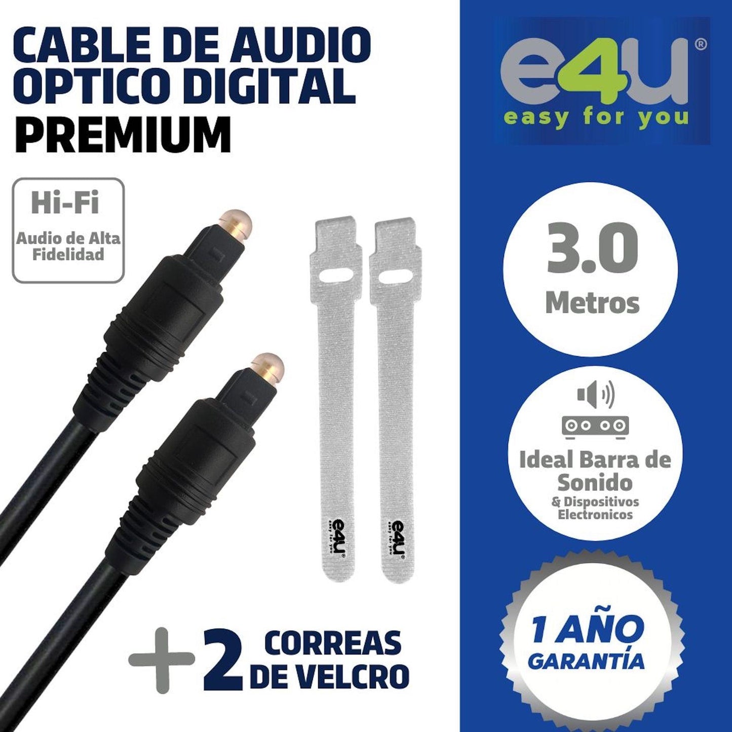 Cable de Audio Optico Digital PREMIUM de 1.8 y 5 metros + 2 Correas de Velcro