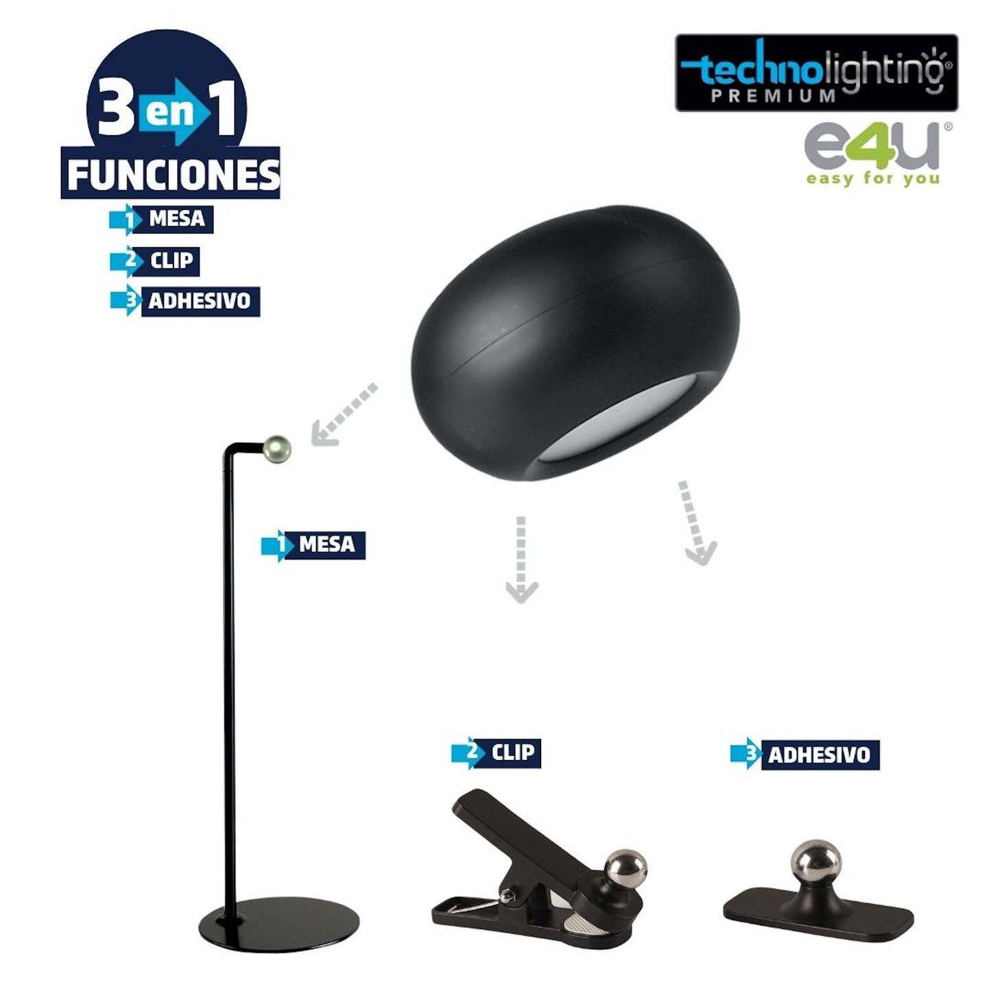 Lámpara Multifuncional 3 funciones en 1, Redonda negra, RECARGABLE!