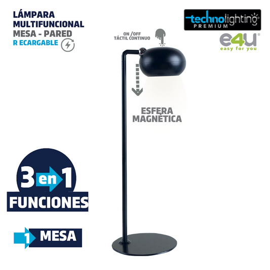 Lámpara Multifuncional 3 funciones en 1, Redonda negra, RECARGABLE!