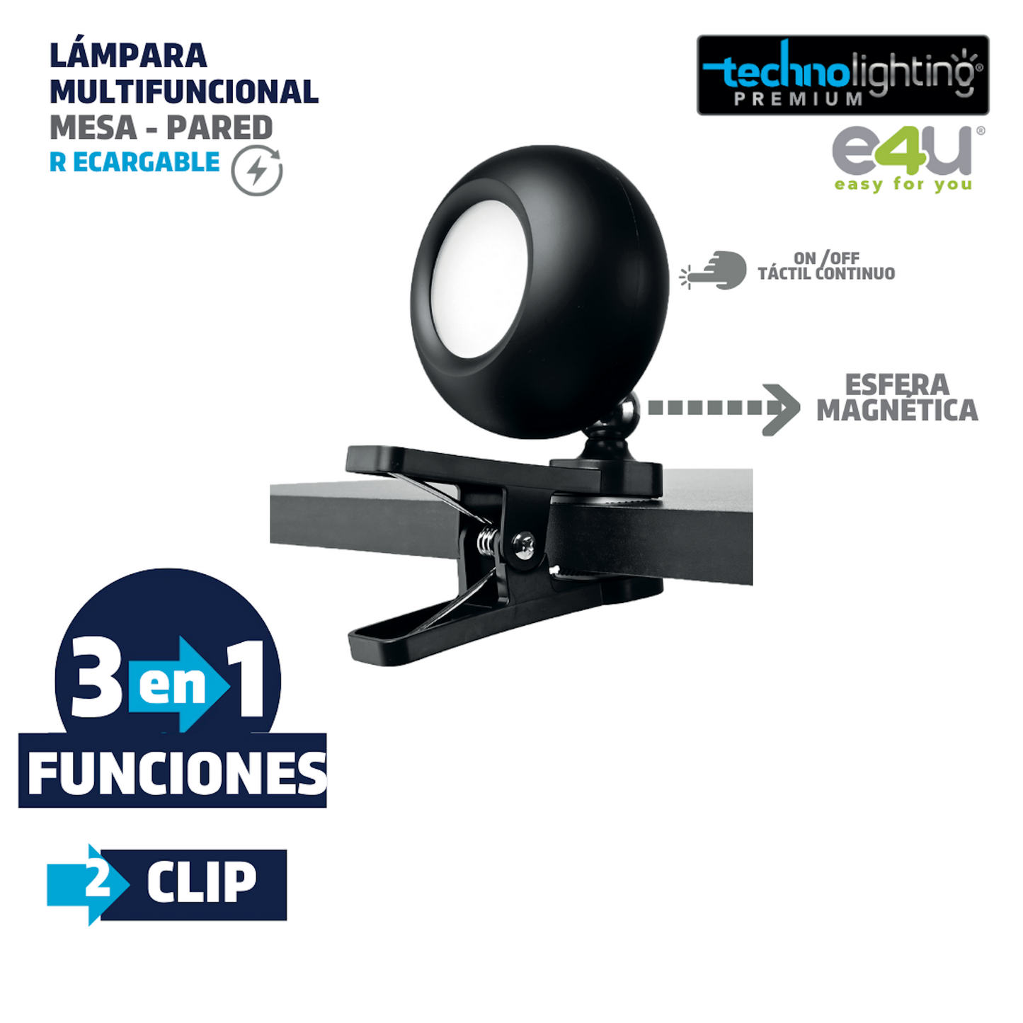 Lámpara Multifuncional 3 funciones en 1, Redonda negra, RECARGABLE!