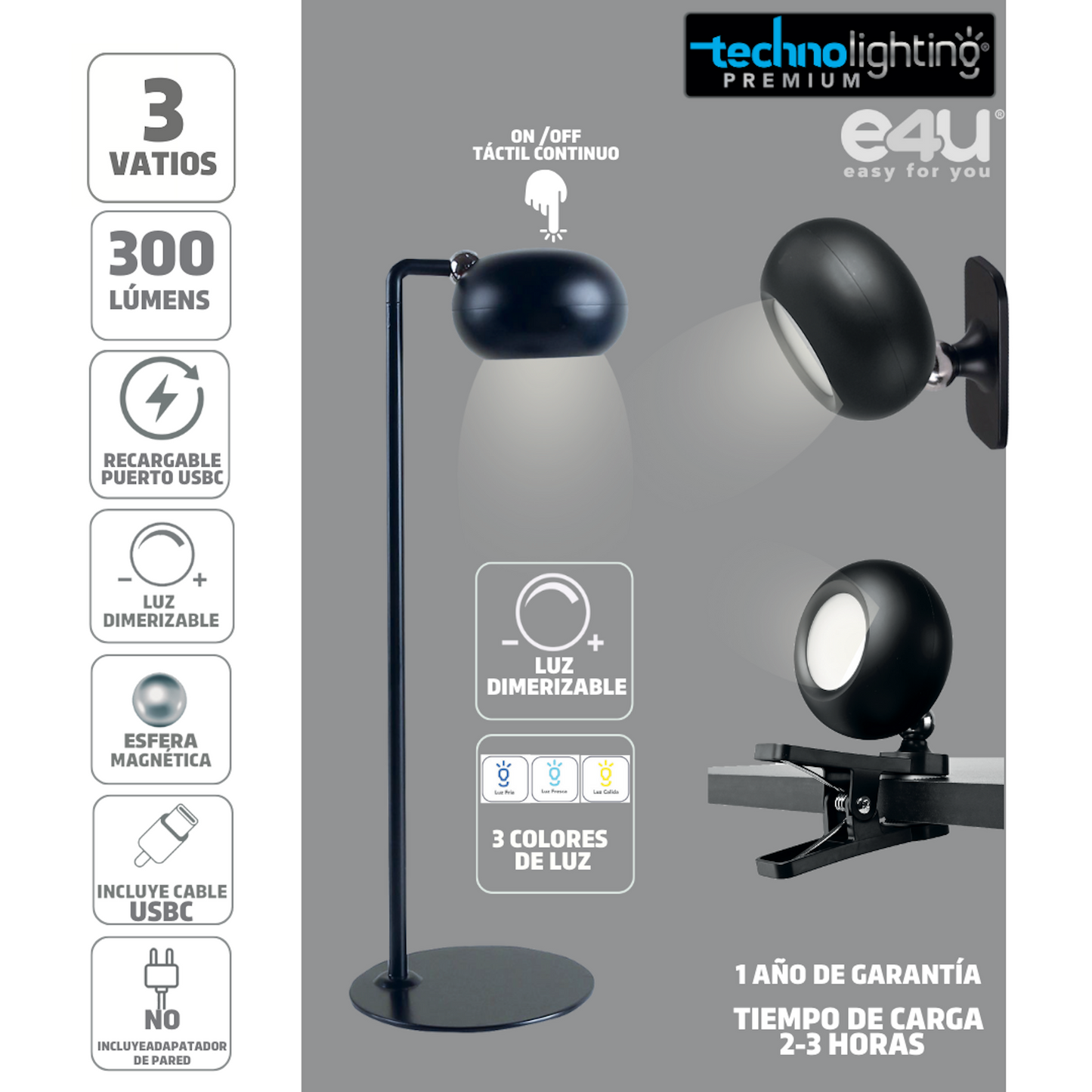 Lámpara Multifuncional 3 funciones en 1, Redonda negra, RECARGABLE!