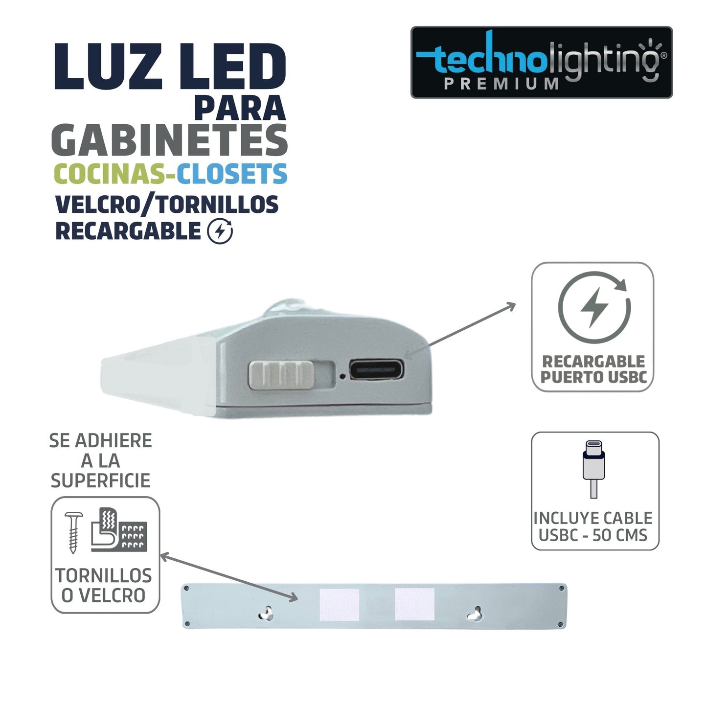 Luces LED VELCRO o TORNILLOS - RECARGABLES con SENSOR  Para Gabinetes, Cocinas, Closet, LUZ CALIDA