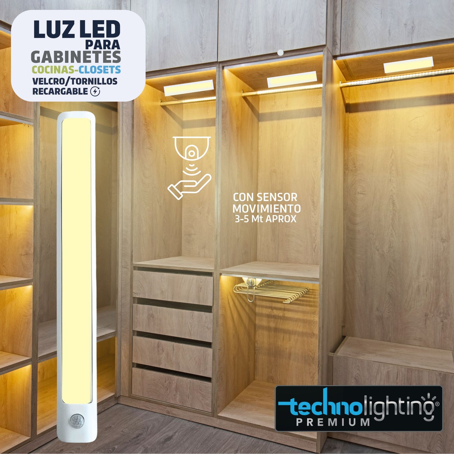 Luces LED VELCRO o TORNILLOS - RECARGABLES con SENSOR  Para Gabinetes, Cocinas, Closet, LUZ CALIDA