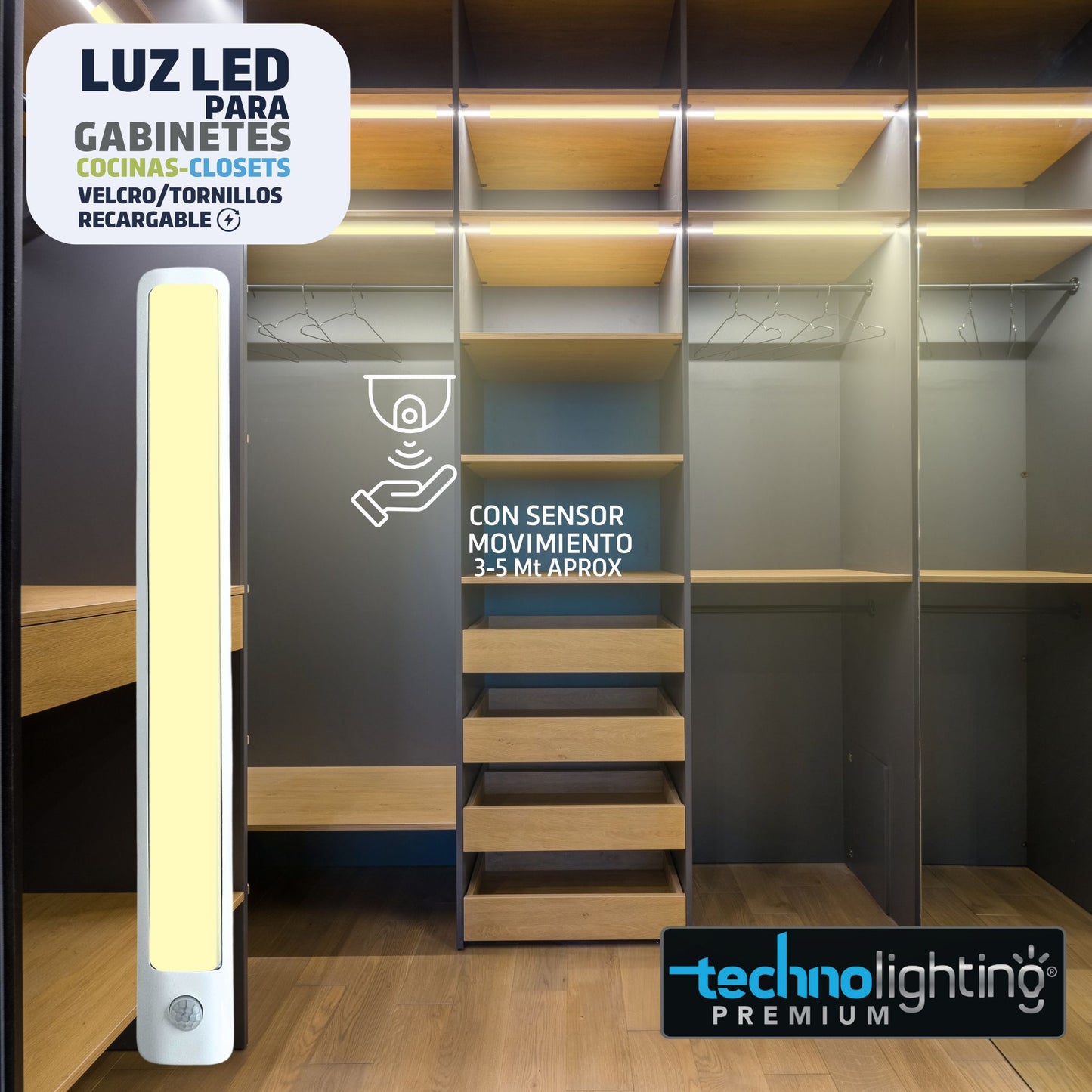 Luces LED VELCRO o TORNILLOS - RECARGABLES con SENSOR  Para Gabinetes, Cocinas, Closet, LUZ CALIDA