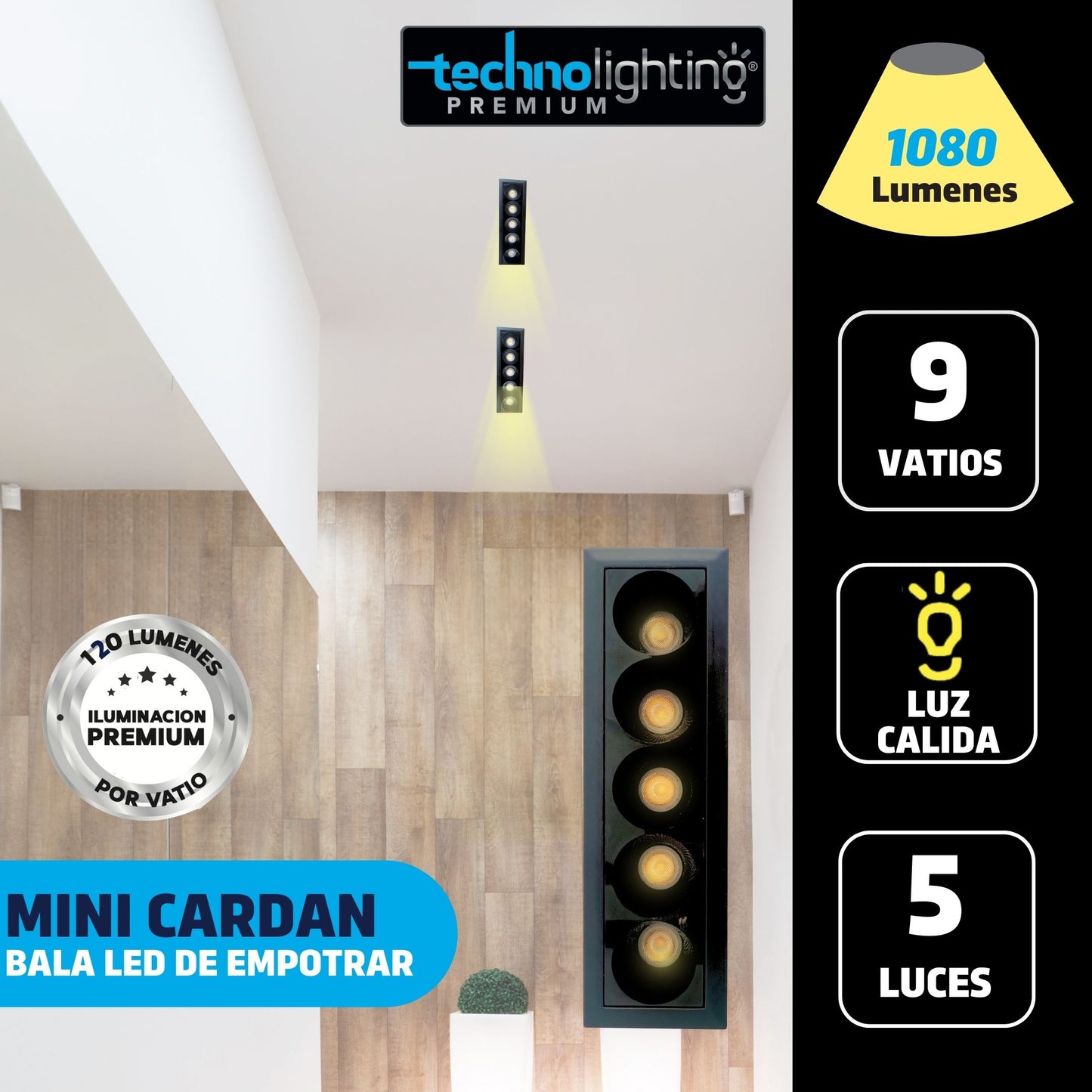 Bala LED Mini Cardan 9 Vatios, 5 luces, luz calida color negro