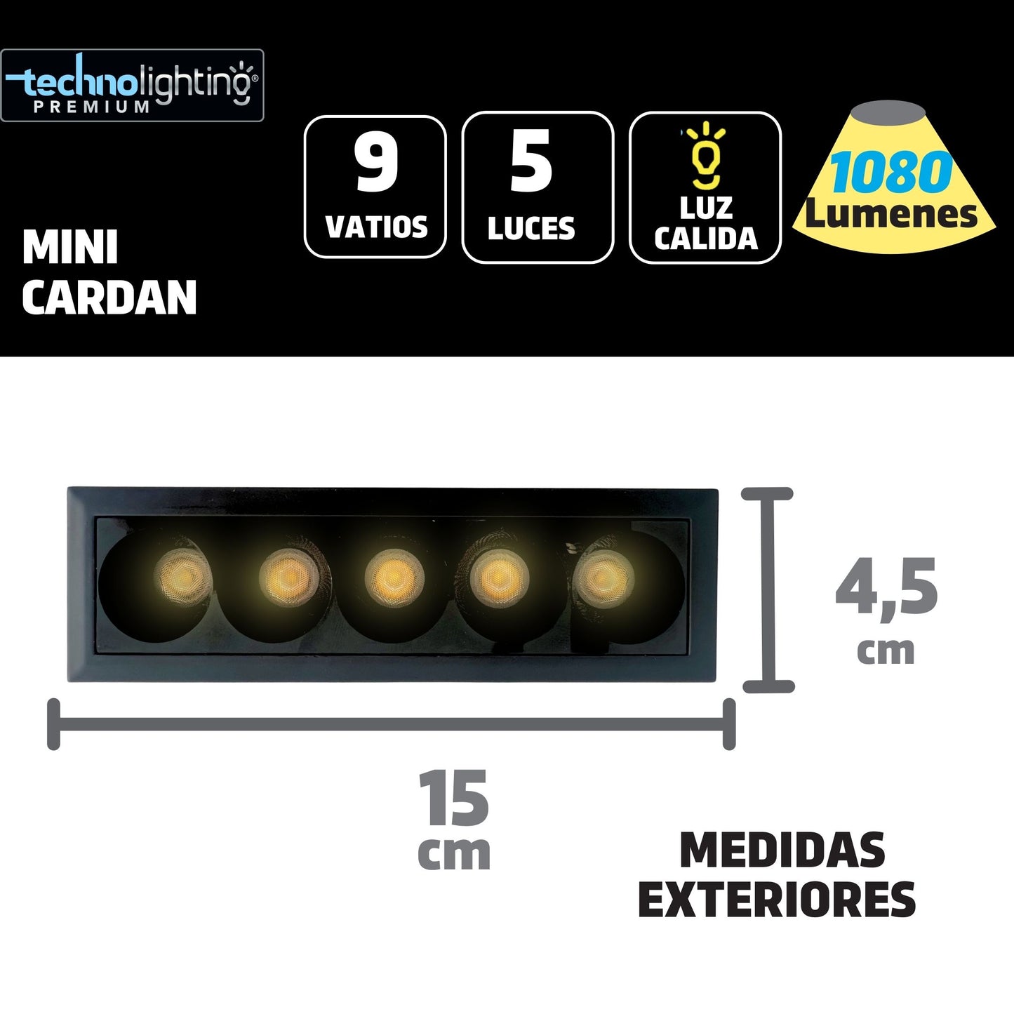 Bala LED Mini Cardan 9 Vatios, 5 luces, luz calida color negro