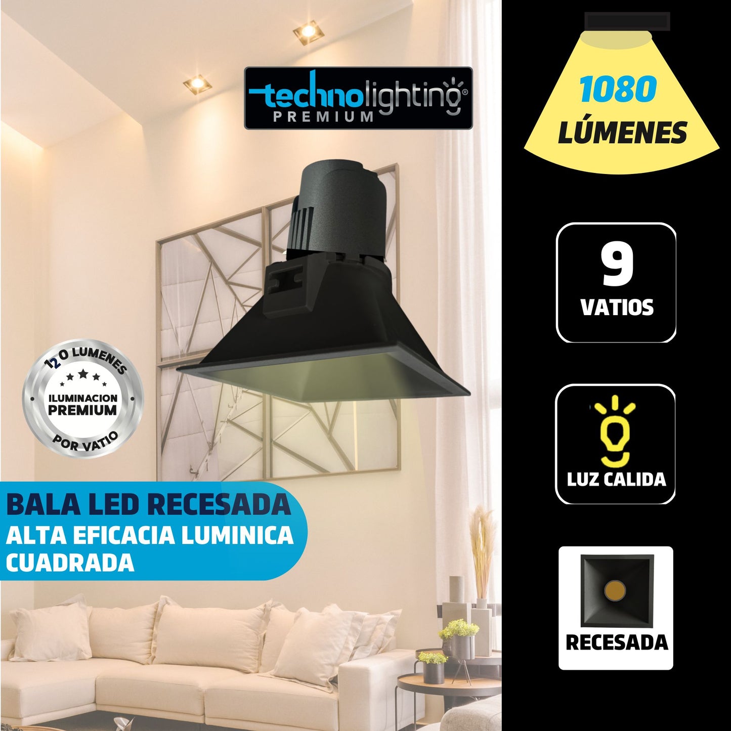 Bala LED recesada Cuadrada 9W, color negra Luz Cálida