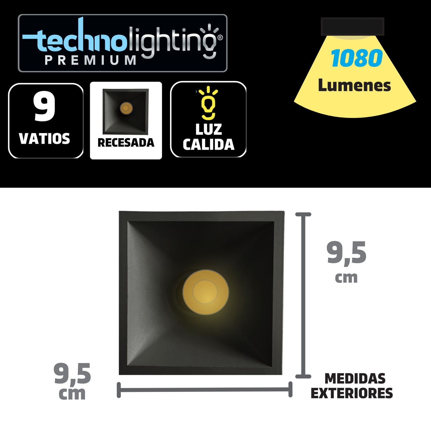 Bala LED recesada Cuadrada 9W, color negra Luz Cálida