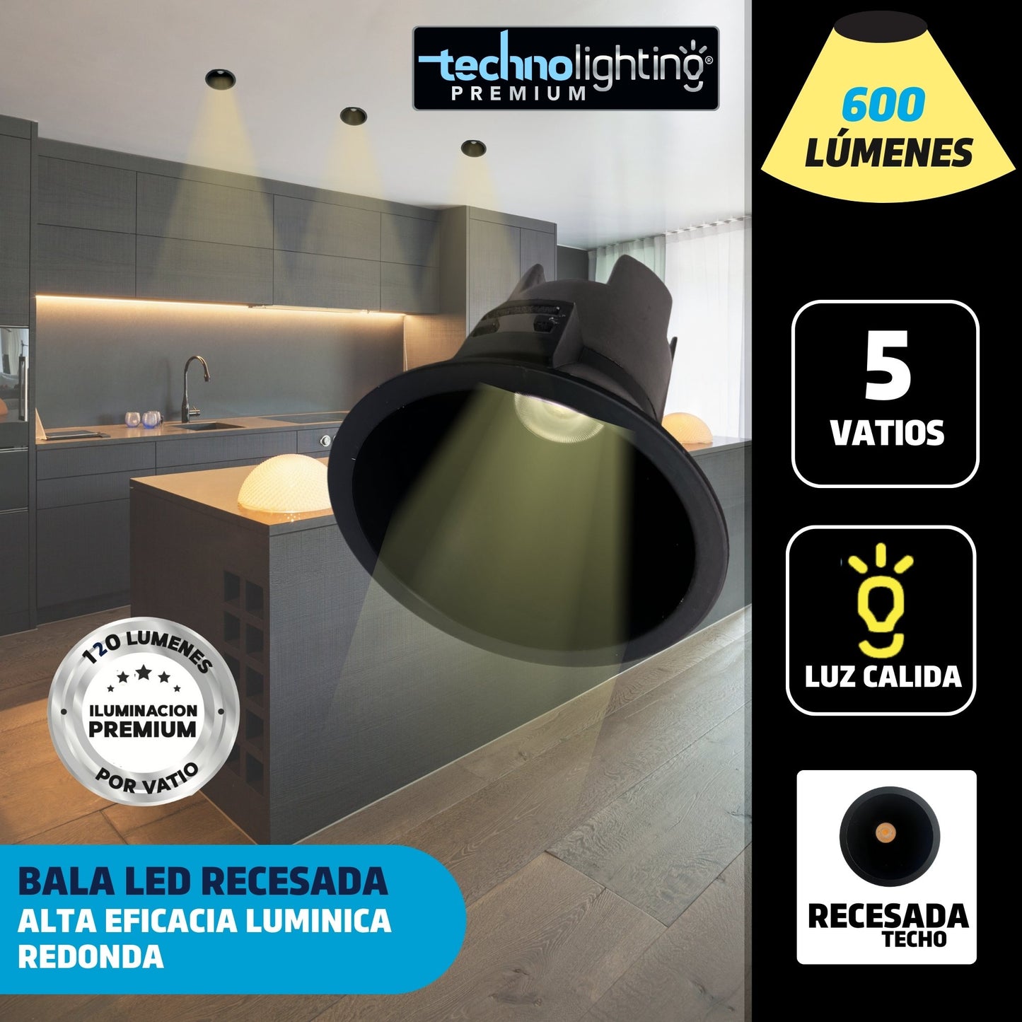 Bala LED recesada redonda 5W, color negra Luz Cálida