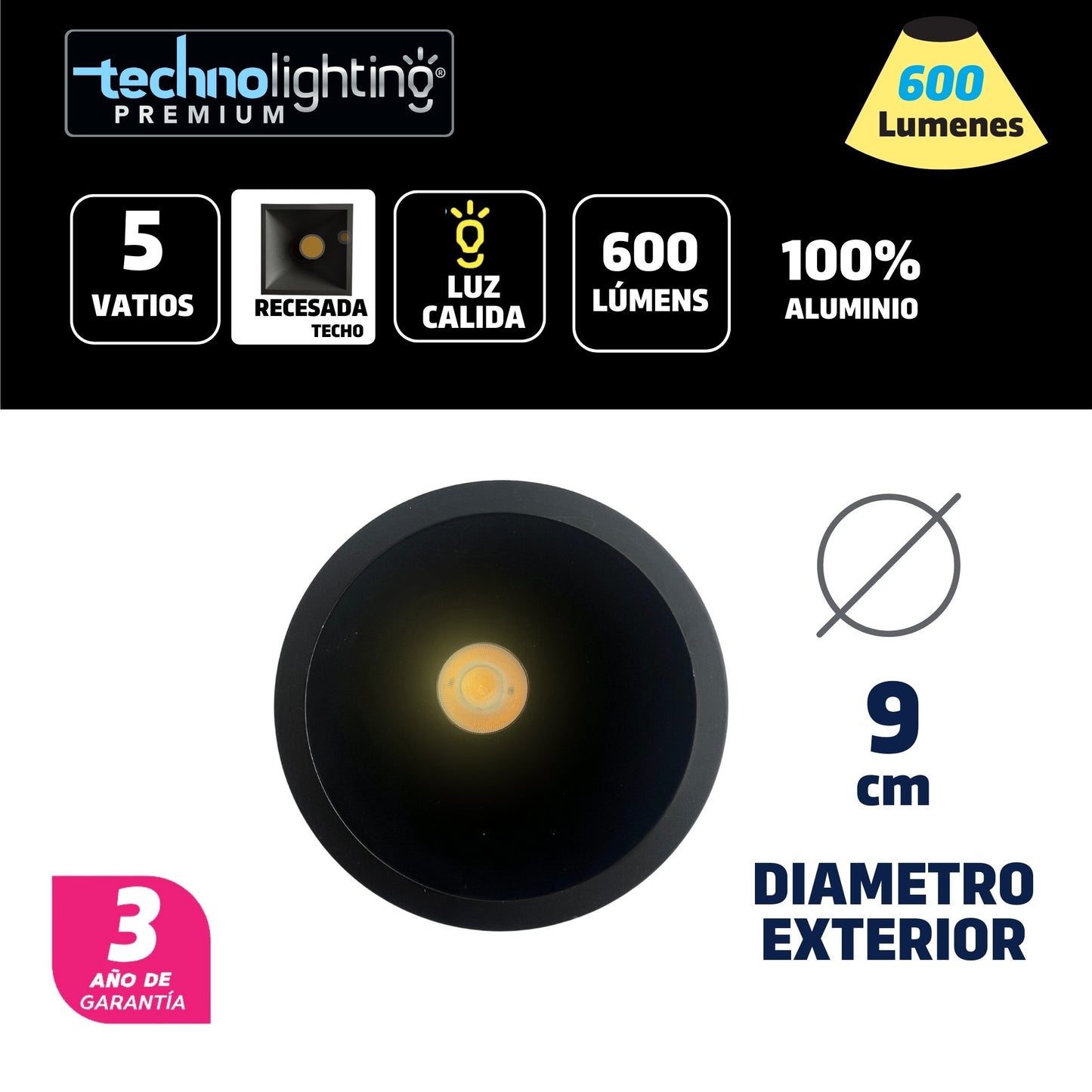 Bala LED recesada redonda 5W, color negra Luz Cálida