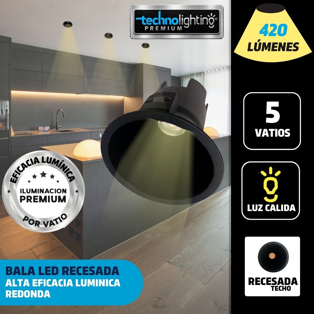 Bala LED recesada redonda 5W, color negra Luz Cálida