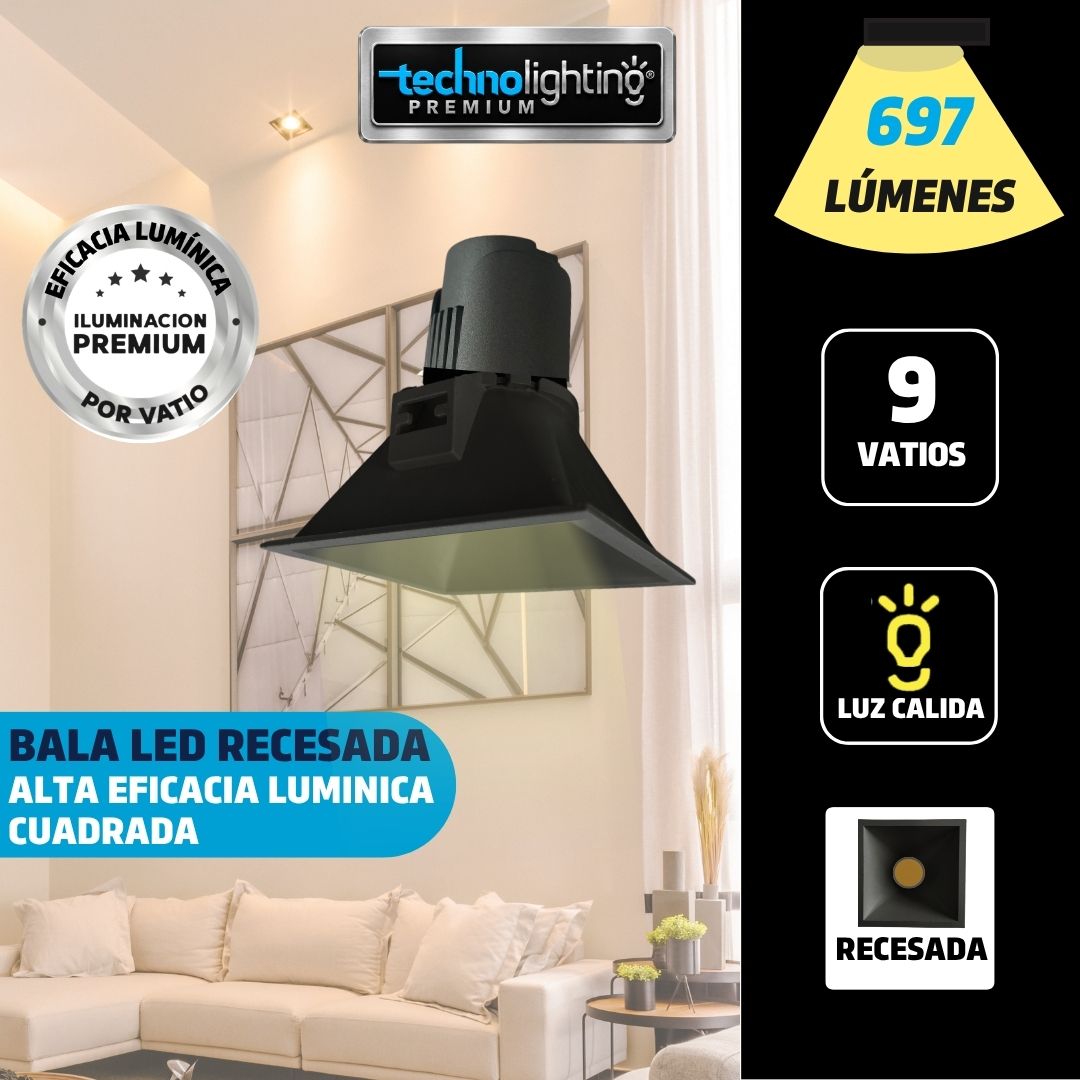 Bala LED recesada Cuadrada 9W, color negra Luz Cálida