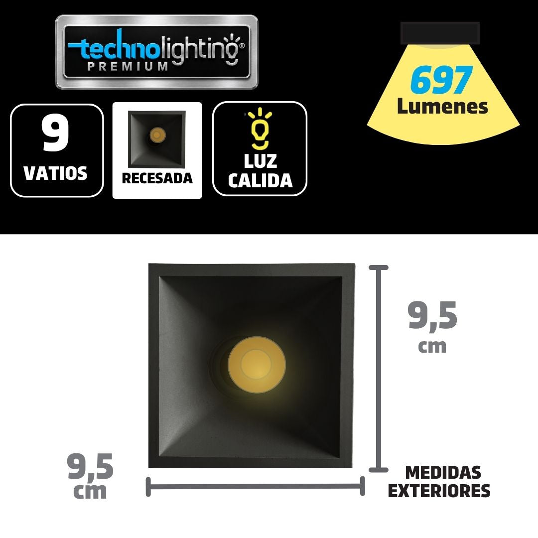 Bala LED recesada Cuadrada 9W, color negra Luz Cálida