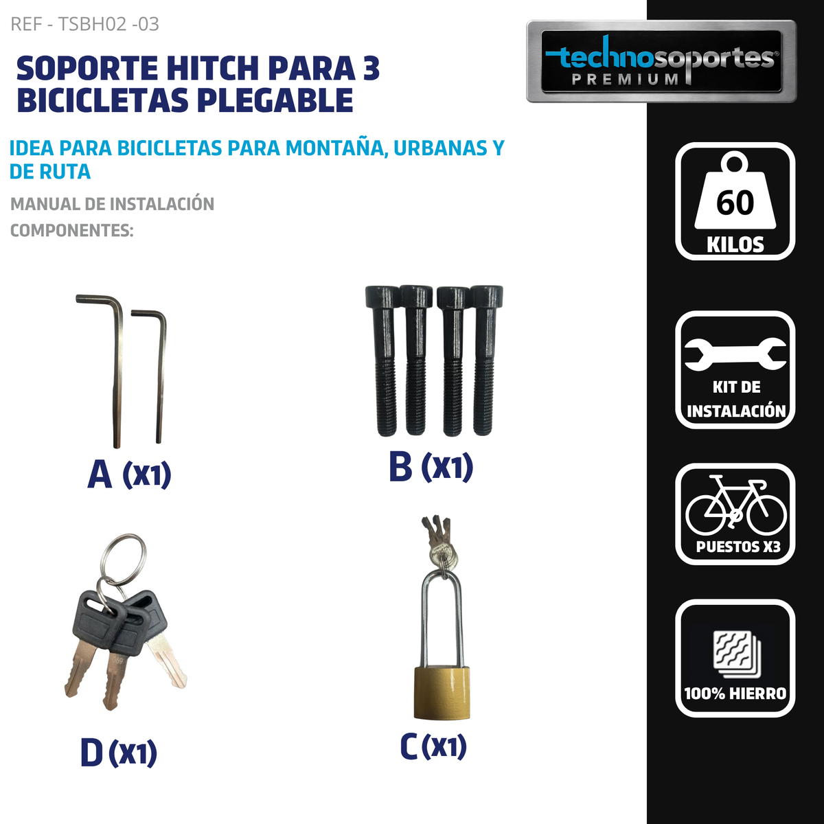 Soporte Plegable de Hitch para 3 Bicicletas