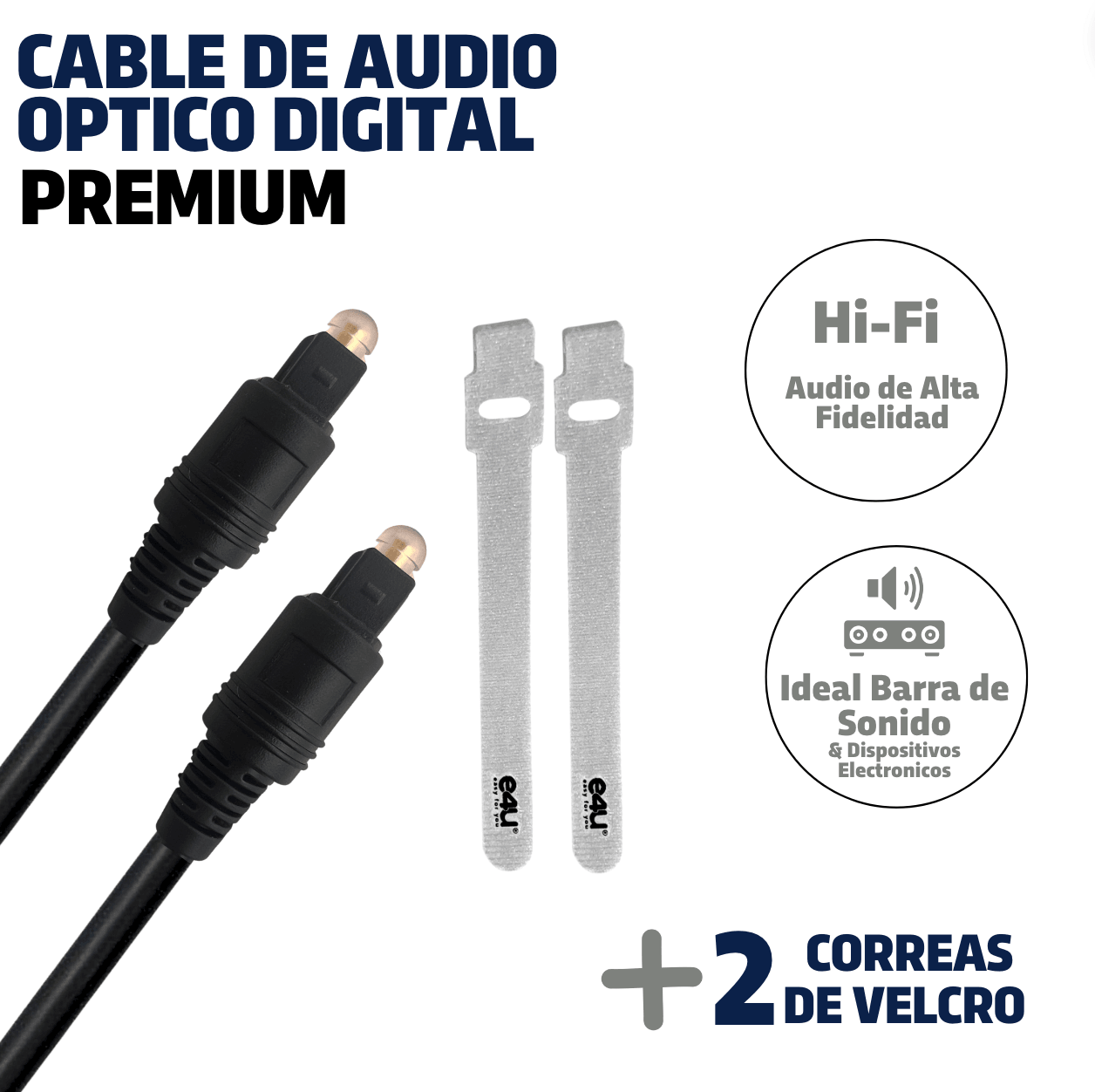 Cable de Audio Optico Digital PREMIUM de 1.8 y 5 metros + 2 Correas de Velcro