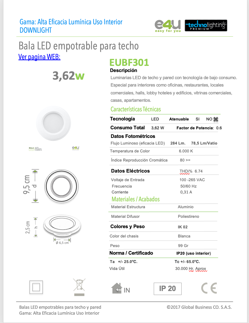 Bala LED Fija 3,3 Vatios - 300Lúmenes