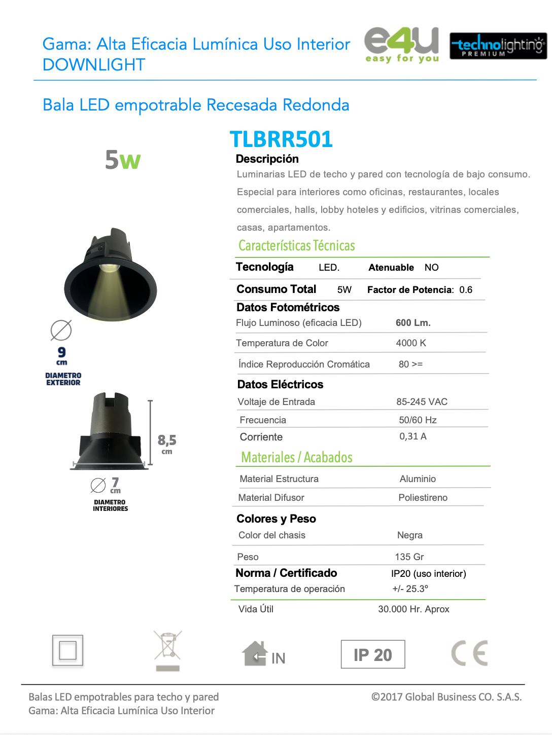 Bala LED recesada redonda 5W, color negra Luz Cálida