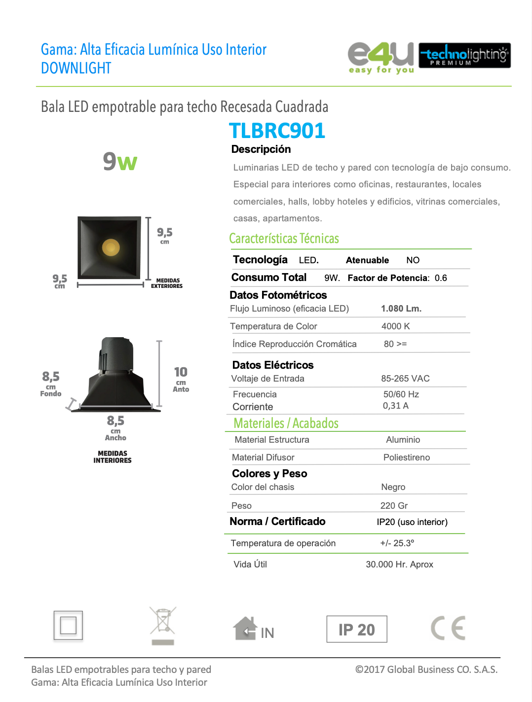 Bala LED recesada Cuadrada 9W, color negra Luz Cálida