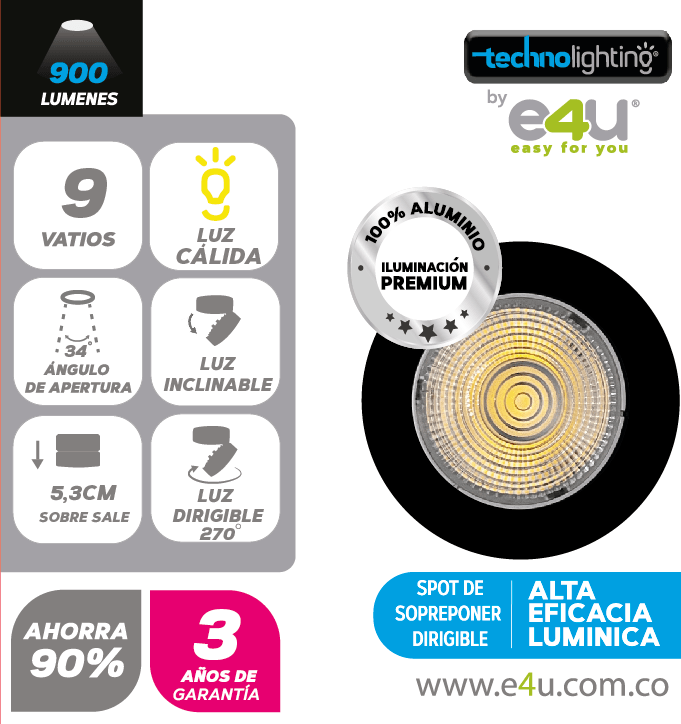 Balas de Sobreponer 9 Vatios Luz Calida - con Inclinacion y Rotacion
