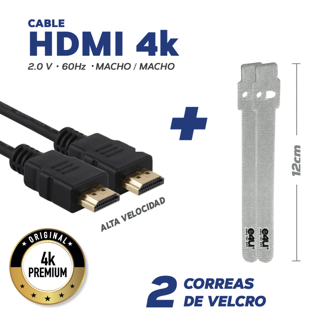 Cable HDMI 4K Alta Velocidad +  2 Correas de Velcro - 3 METROS